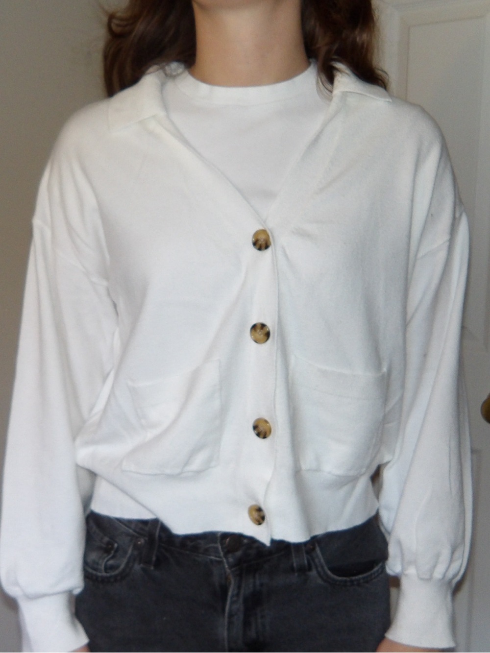 Cream Button-Front Women's Cardigan with Patch Pockets